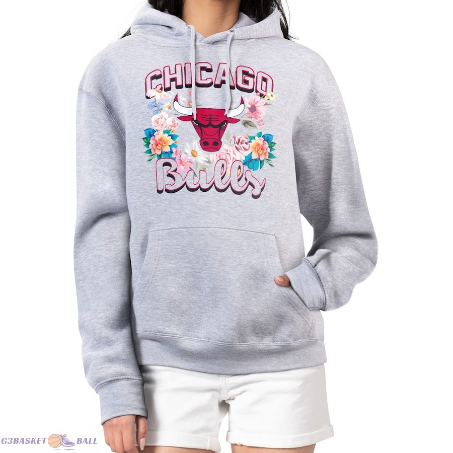 Women's Chicago Bulls G-III 4Her by Carl Banks Heather Gray Flowers Team Logo Graphic Fleece Pullover Hoodie