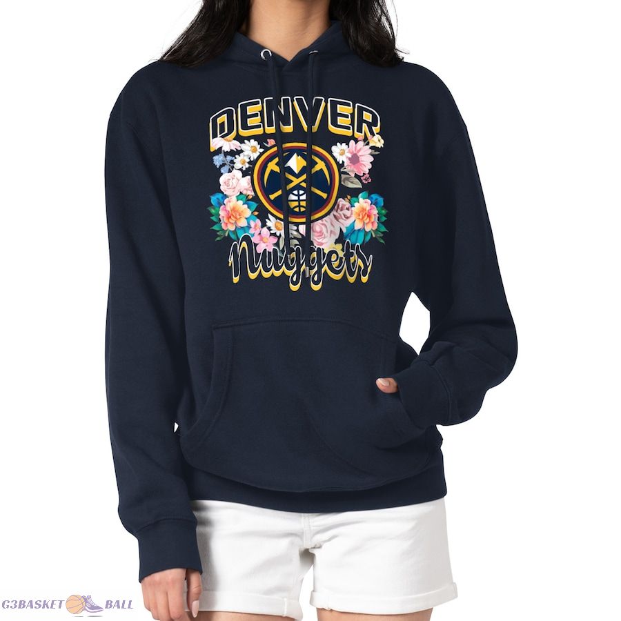 Women's Denver Nuggets G-III 4Her by Carl Banks Navy Flowers Team Logo Graphic Fleece Pullover Hoodie