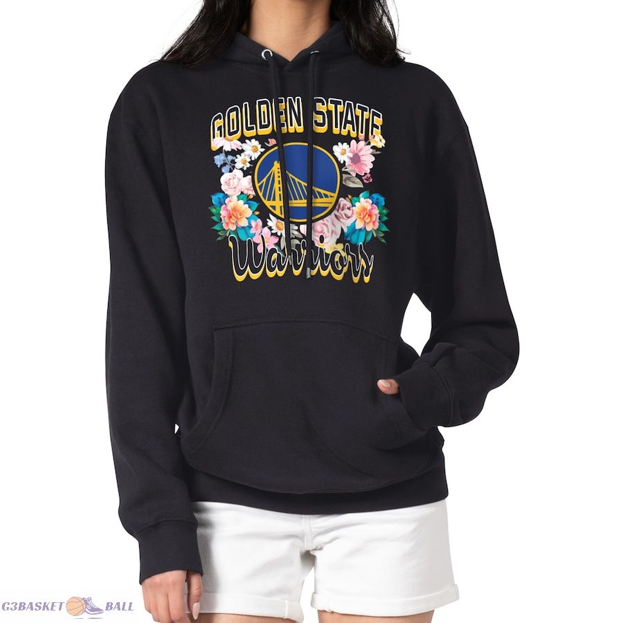 Women's Golden State Warriors G-III 4Her by Carl Banks Black Flowers Team Logo Graphic Fleece Pullover Hoodie