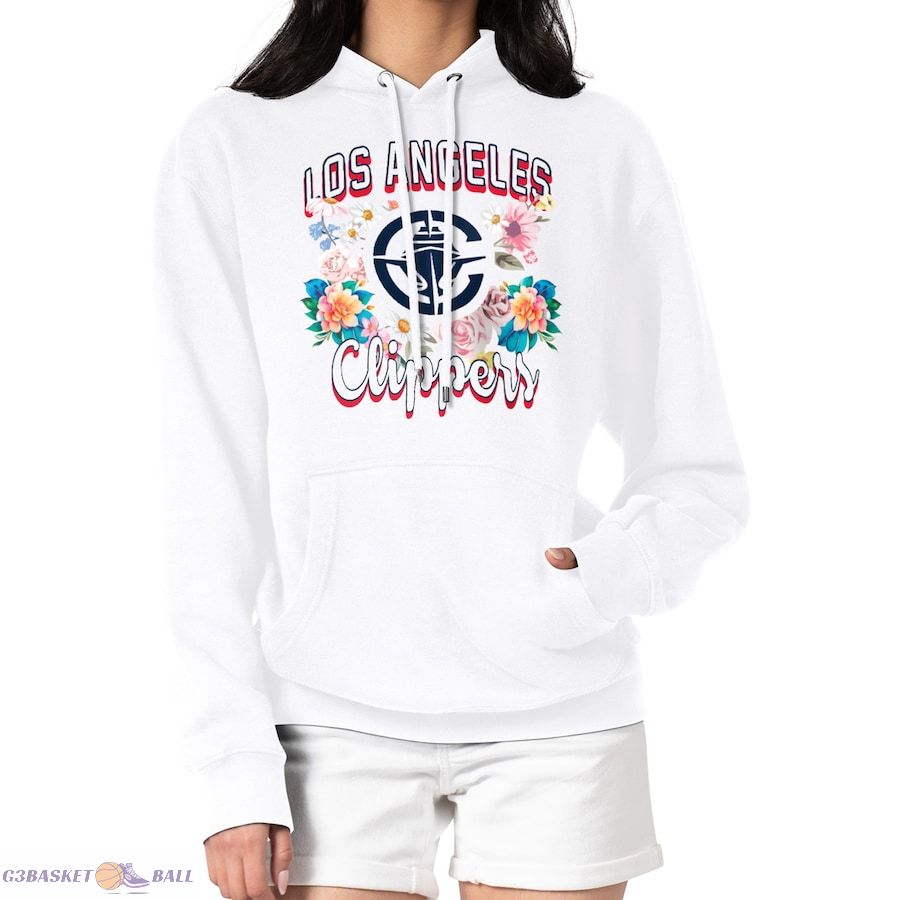 Women's LA Clippers G-III 4Her by Carl Banks White Flowers Team Logo Graphic Fleece Pullover Hoodie