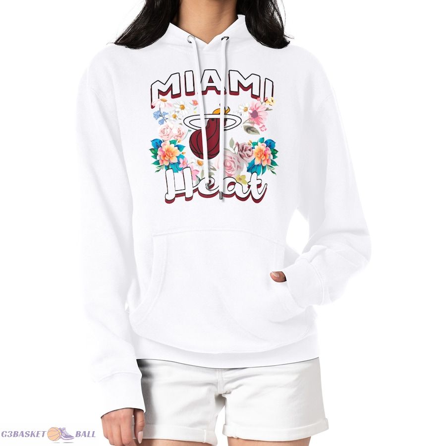 Women's Miami Heat G-III 4Her by Carl Banks White Flowers Team Logo Graphic Fleece Pullover Hoodie