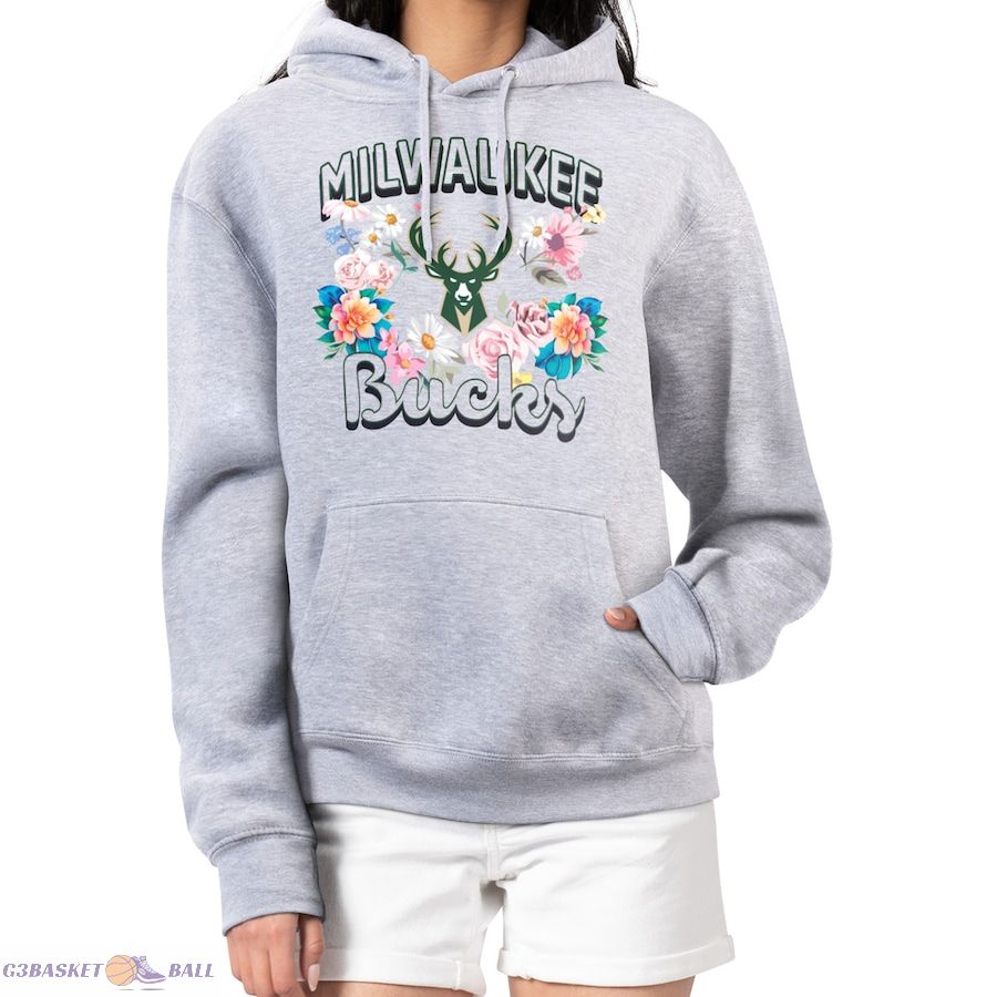 Women's Milwaukee Bucks G-III 4Her by Carl Banks Heather Gray Flowers Team Logo Graphic Fleece Pullover Hoodie