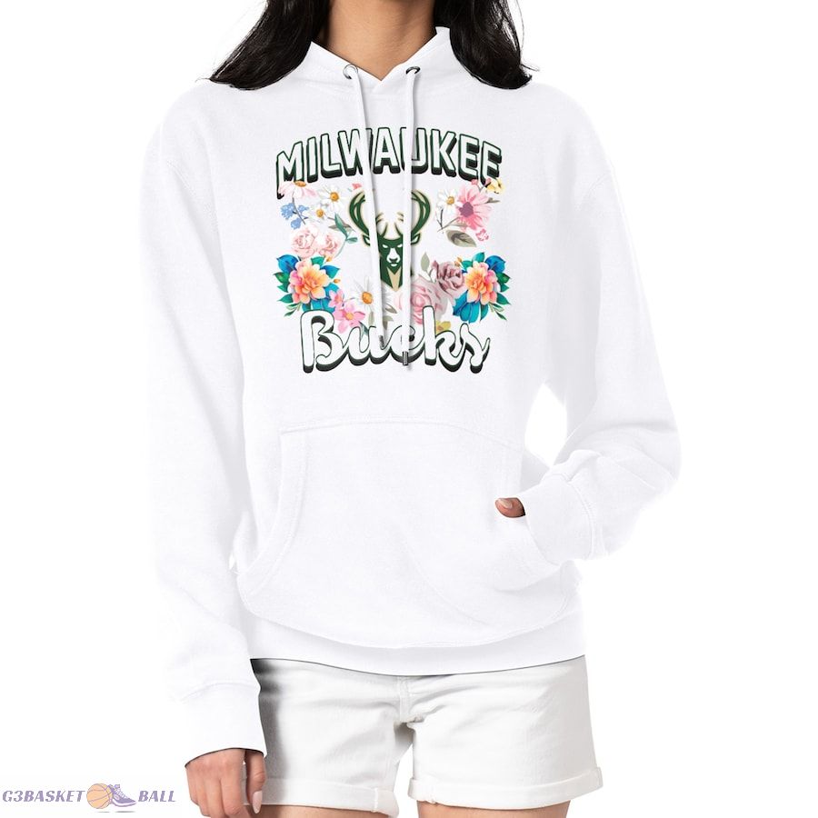 Women's Milwaukee Bucks G-III 4Her by Carl Banks White Flowers Team Logo Graphic Fleece Pullover Hoodie