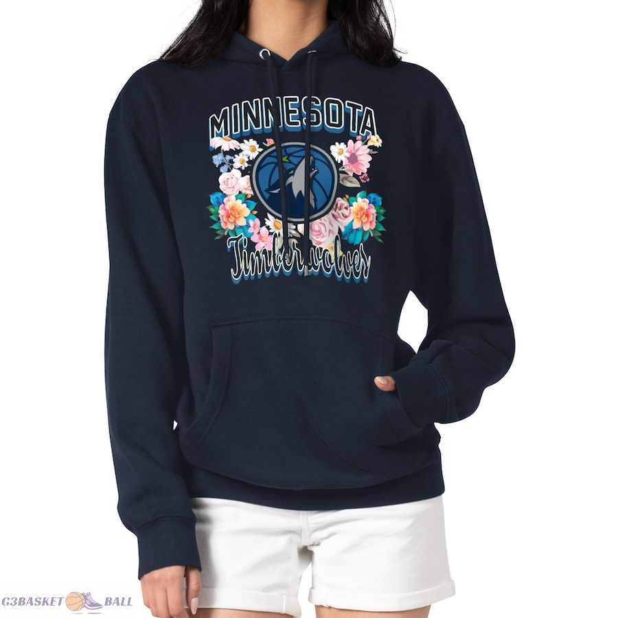 Women's Minnesota Timberwolves G-III 4Her by Carl Banks Navy Flowers Team Logo Graphic Fleece Pullover Hoodie