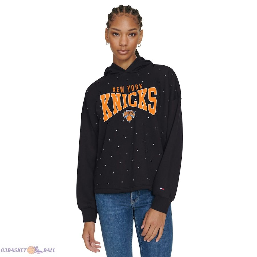 Women's New York Knicks Tommy Jeans Black Stella Cropped Pullover Hoodie