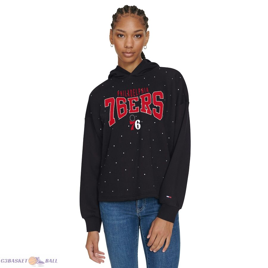 Women's Philadelphia 76ers Tommy Jeans Black Stella Cropped Pullover Hoodie