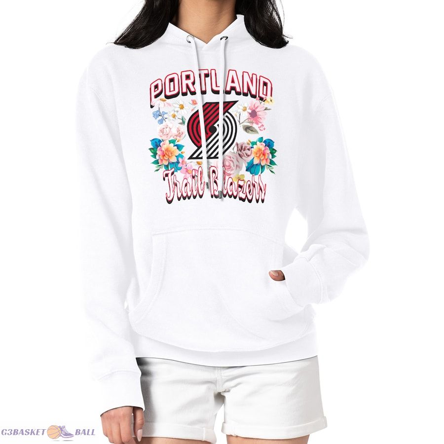 Women's Portland Trail Blazers G-III 4Her by Carl Banks White Flowers Team Logo Graphic Fleece Pullover Hoodie