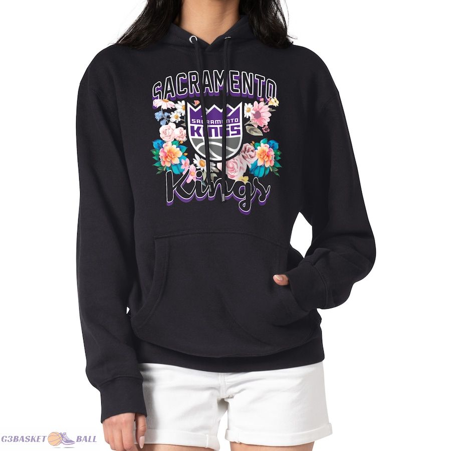 Women's Sacramento Kings G-III 4Her by Carl Banks Black Flowers Team Logo Graphic Fleece Pullover Hoodie