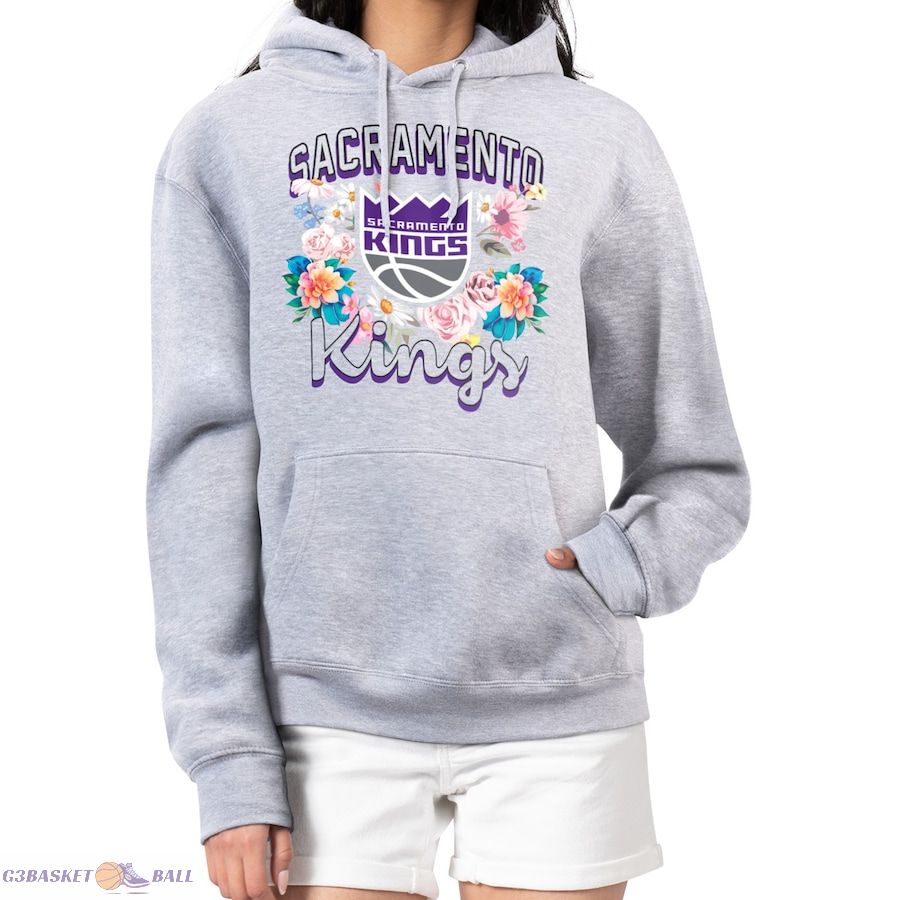 Women's Sacramento Kings G-III 4Her by Carl Banks Heather Gray Flowers Team Logo Graphic Fleece Pullover Hoodie