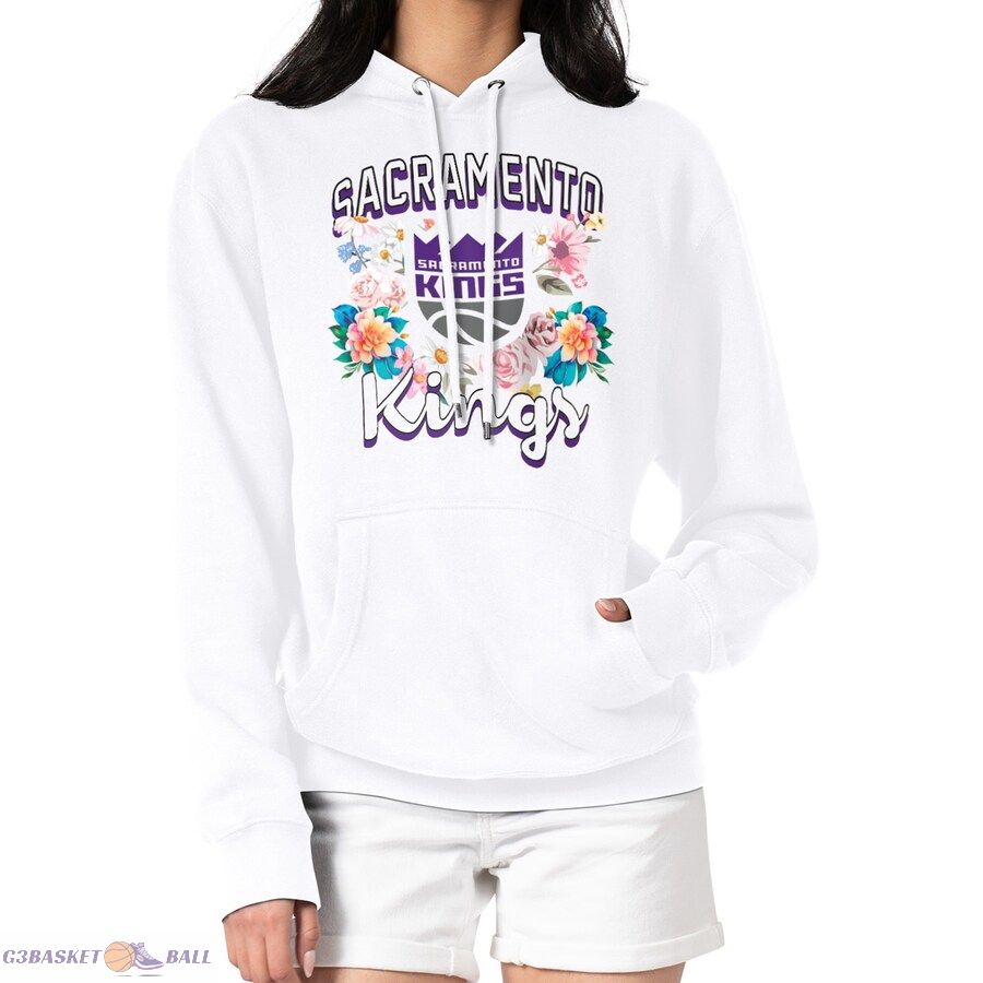 Women's Sacramento Kings G-III 4Her by Carl Banks White Flowers Team Logo Graphic Fleece Pullover Hoodie