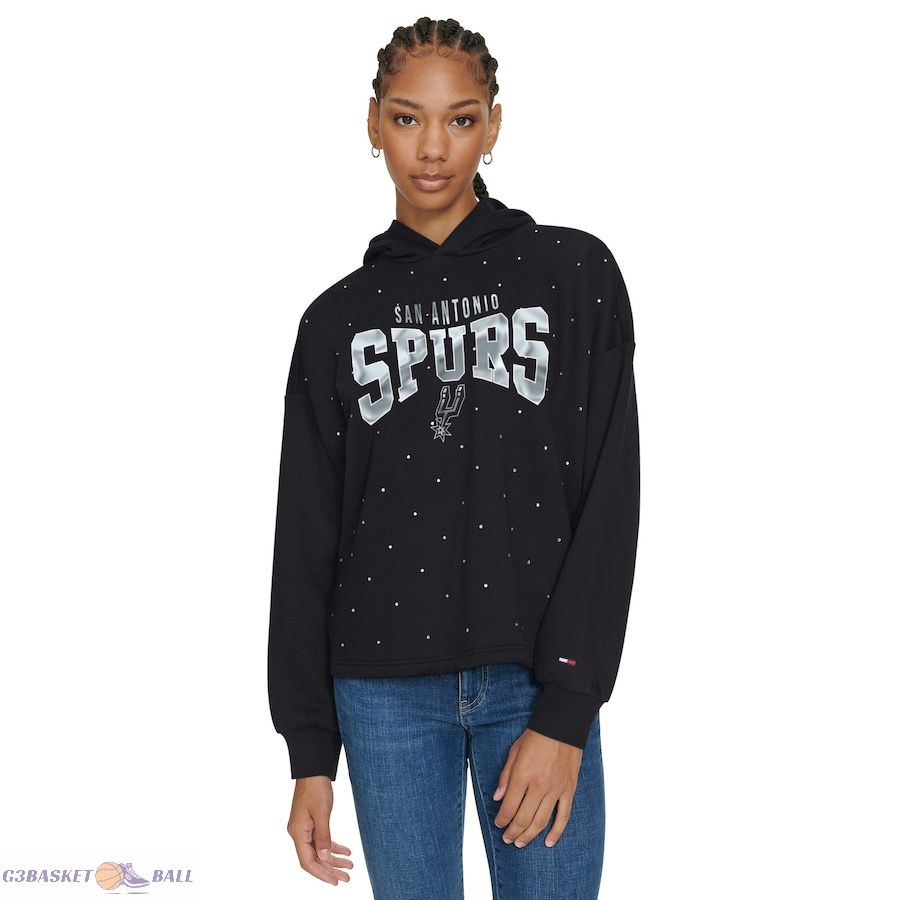 Women's San Antonio Spurs Tommy Jeans Black Stella Cropped Pullover Hoodie