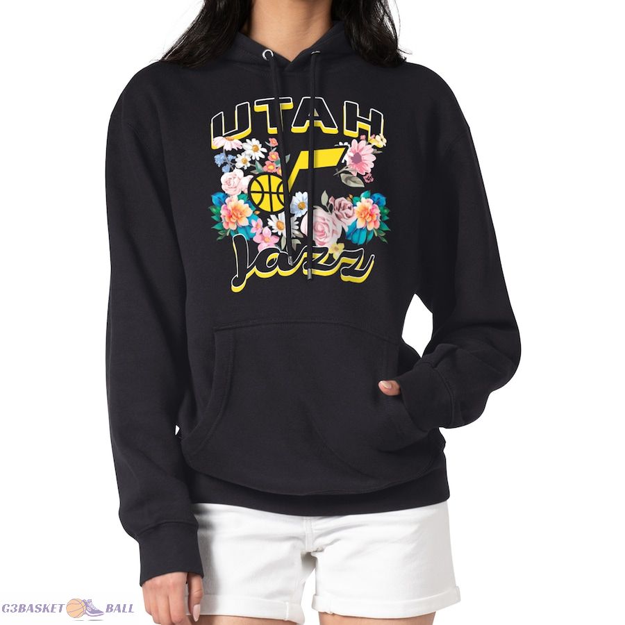 Women's Utah Jazz G-III 4Her by Carl Banks Black Flowers Team Logo Graphic Fleece Pullover Hoodie