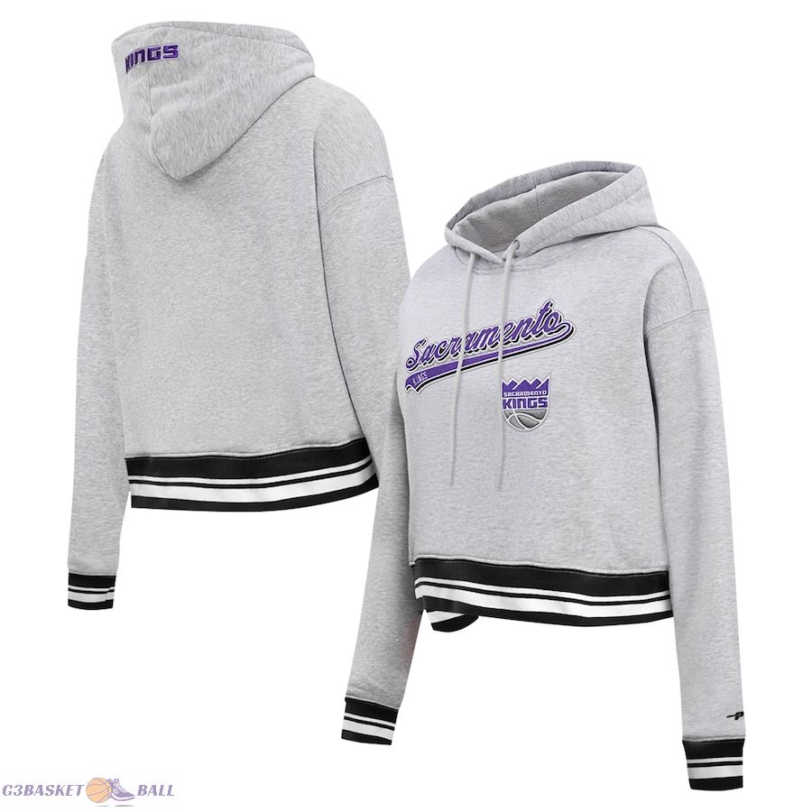 Women's Sacramento Kings Pro Standard Heather Gray Script Tail Cropped Pullover Hoodie