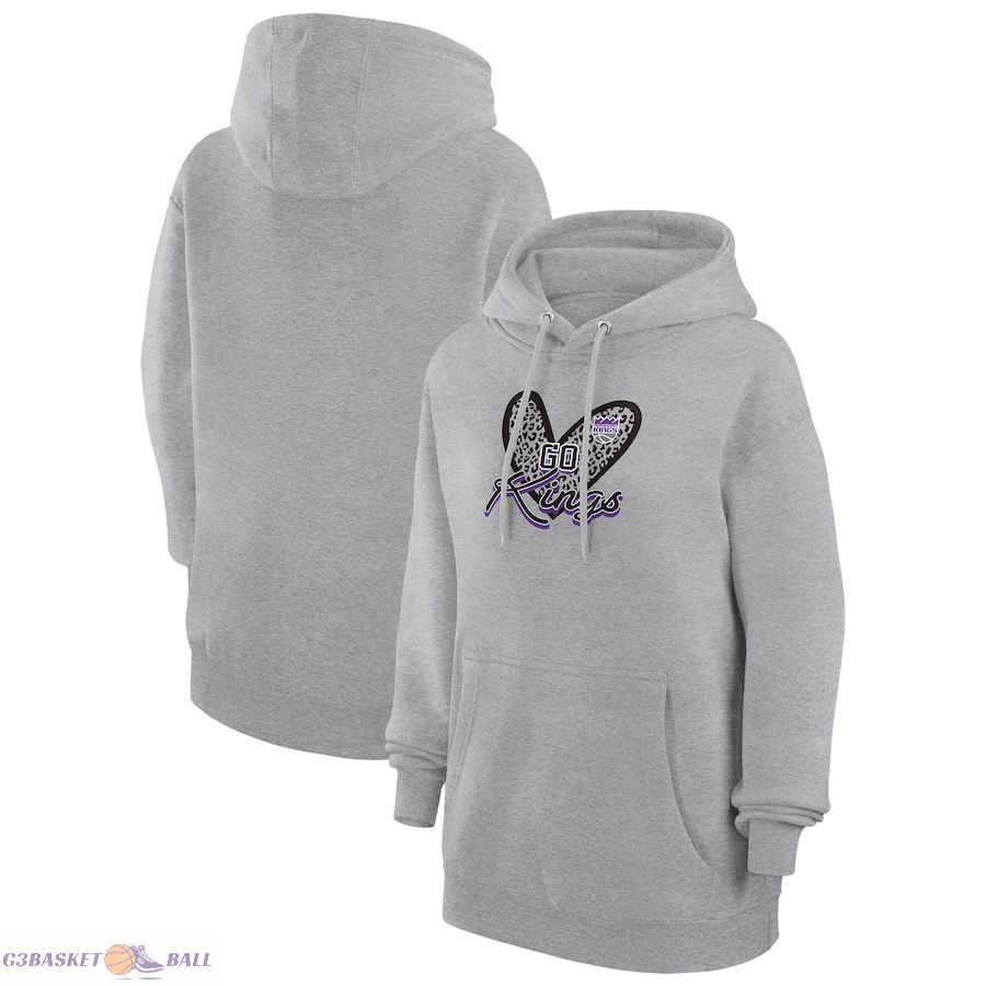 Women's Sacramento Kings G-III 4Her by Carl Banks Heather Gray Leopard Heart Graphic Fleece Pullover Hoodie