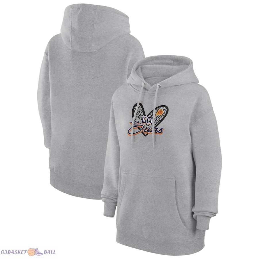 Women's Phoenix Suns G-III 4Her by Carl Banks Heather Gray Leopard Heart Graphic Fleece Pullover Hoodie