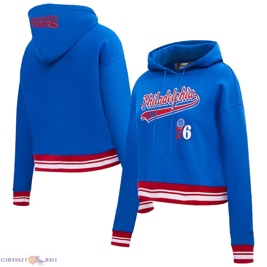 Women's Philadelphia 76ers Pro Standard Royal Script Tail Cropped Pullover Hoodie