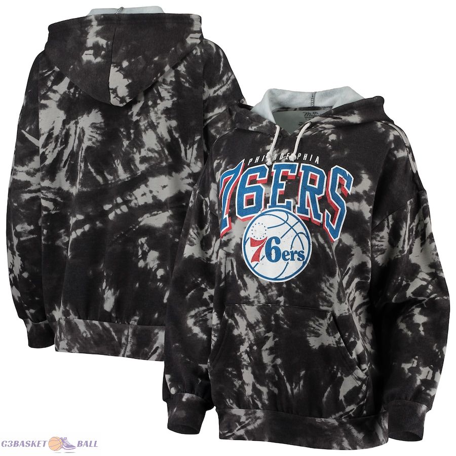 Women's Philadelphia 76ers Majestic Threads Black Burble Tie-Dye Tri-Blend Pullover Hoodie