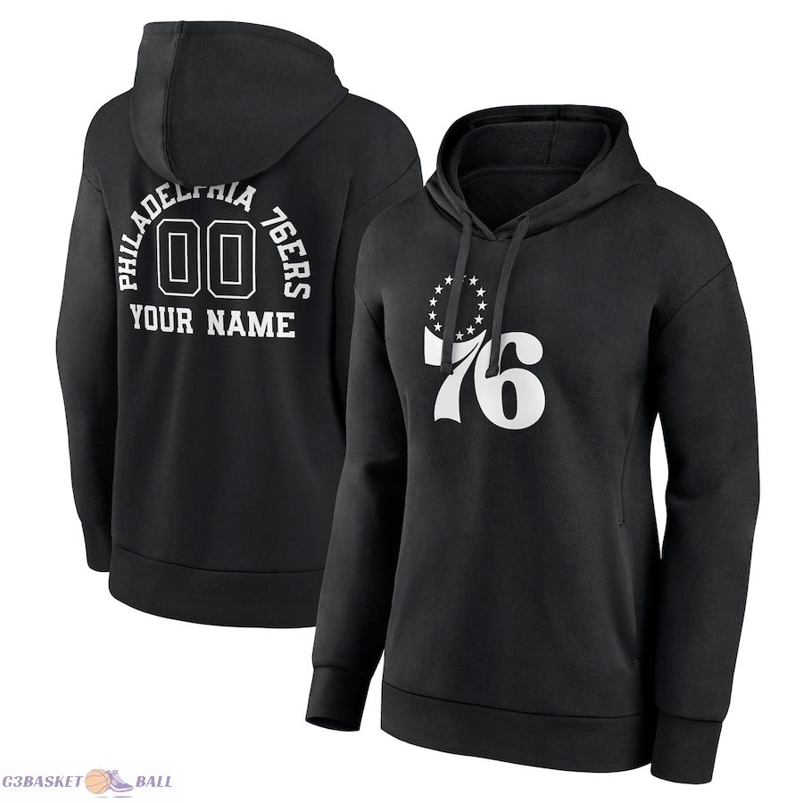 Women's Philadelphia 76ers Black Personalized Name & Number Monochrome Pullover Hoodie