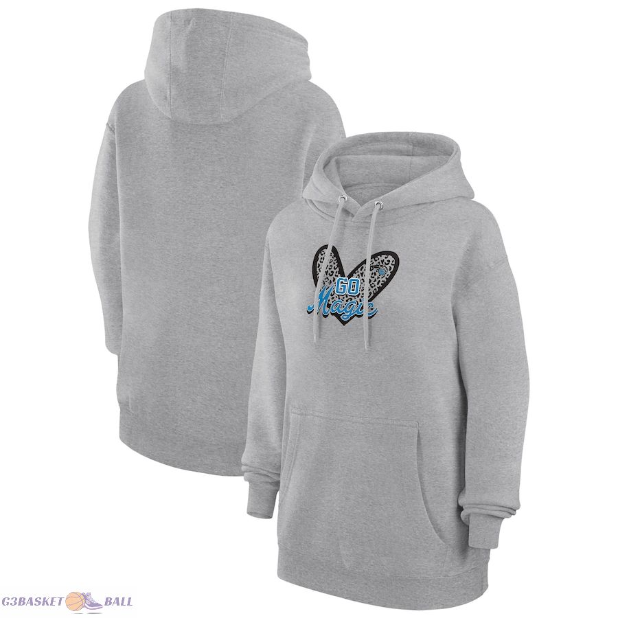 Women's Orlando Magic G-III 4Her by Carl Banks Heather Gray Leopard Heart Graphic Fleece Pullover Hoodie