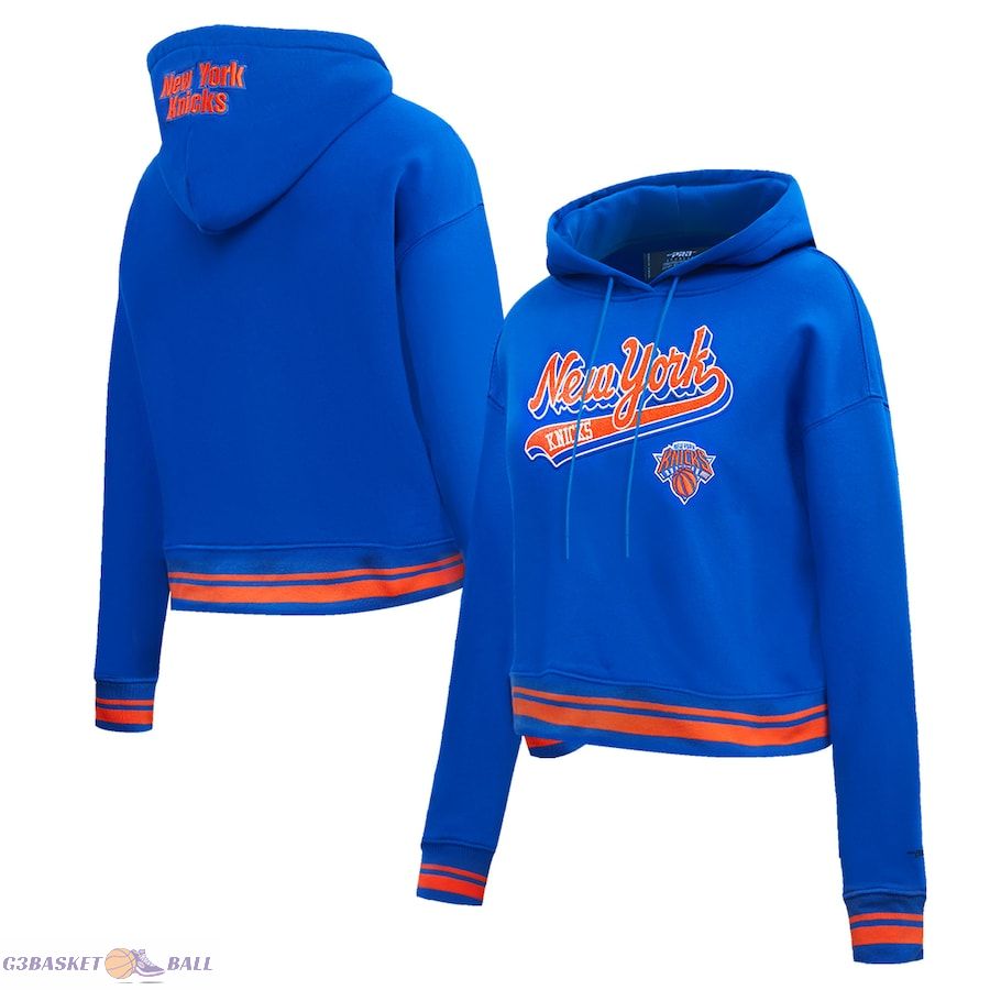 Women's New York Knicks Pro Standard Blue Script Tail Cropped Pullover Hoodie