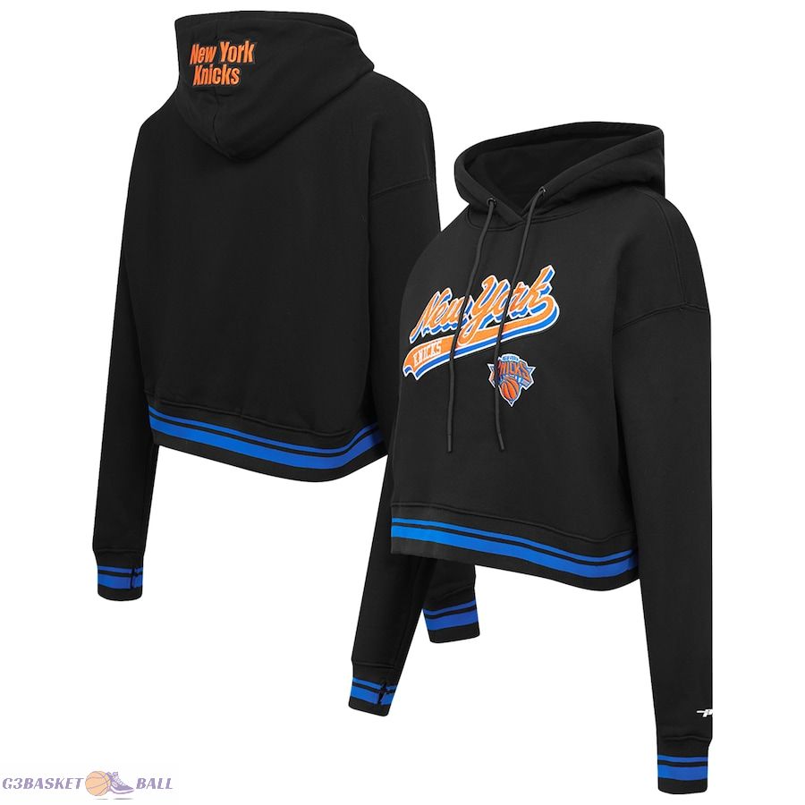 Women's New York Knicks Pro Standard Black Script Tail Cropped Pullover Hoodie