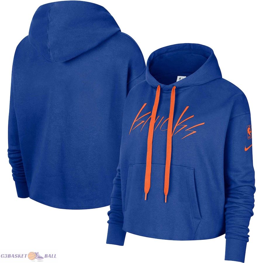 Women's New York Knicks Nike Blue Split Flip Courtside Cropped Pullover Hoodie