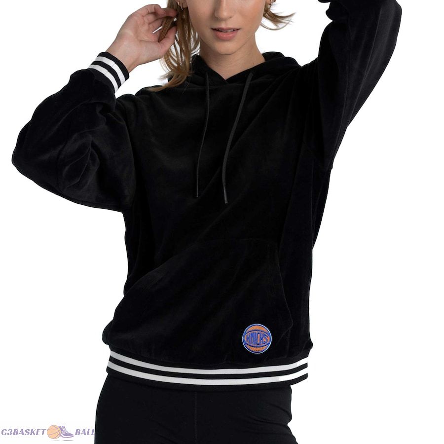 Women's New York Knicks Lusso Black Nellie Oversized Velour Pullover Hoodie