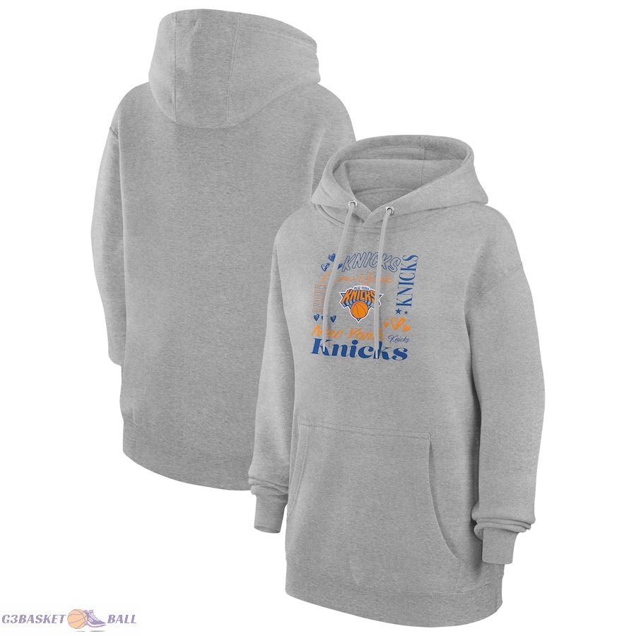 Women's New York Knicks G-III 4Her by Carl Banks Heather Gray Team Collage Graphic Fleece Pullover Hoodie