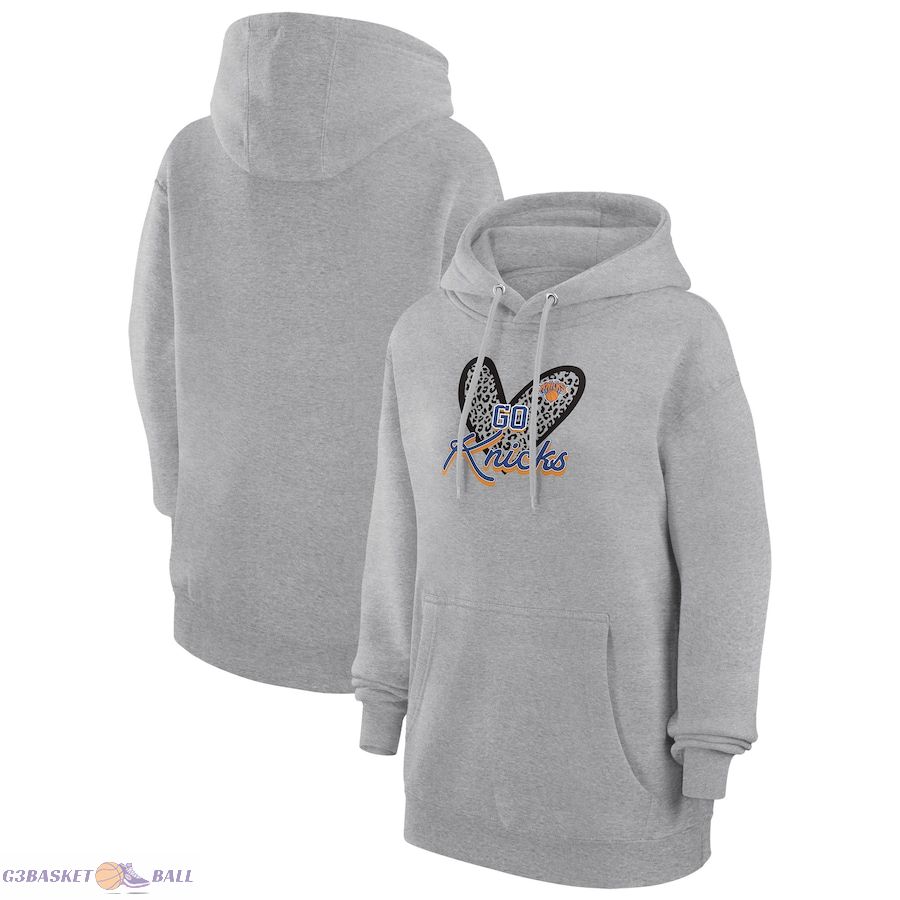 Women's New York Knicks G-III 4Her by Carl Banks Heather Gray Leopard Heart Graphic Fleece Pullover Hoodie