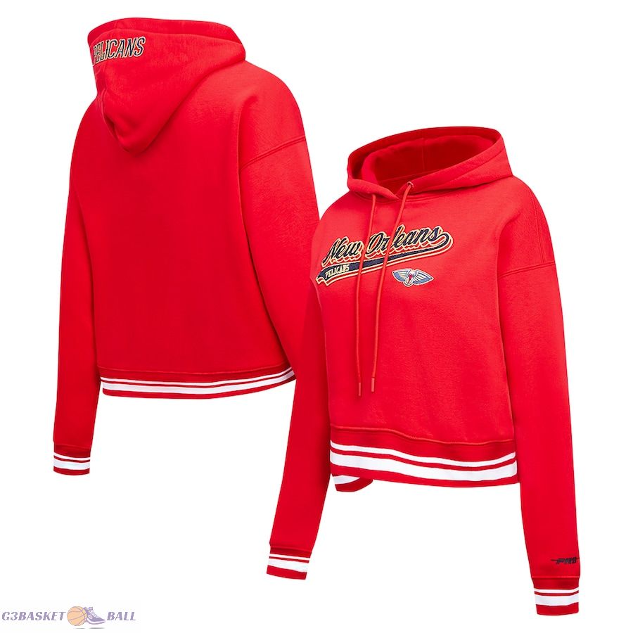 Women's New Orleans Pelicans Pro Standard Red Script Tail Cropped Pullover Hoodie