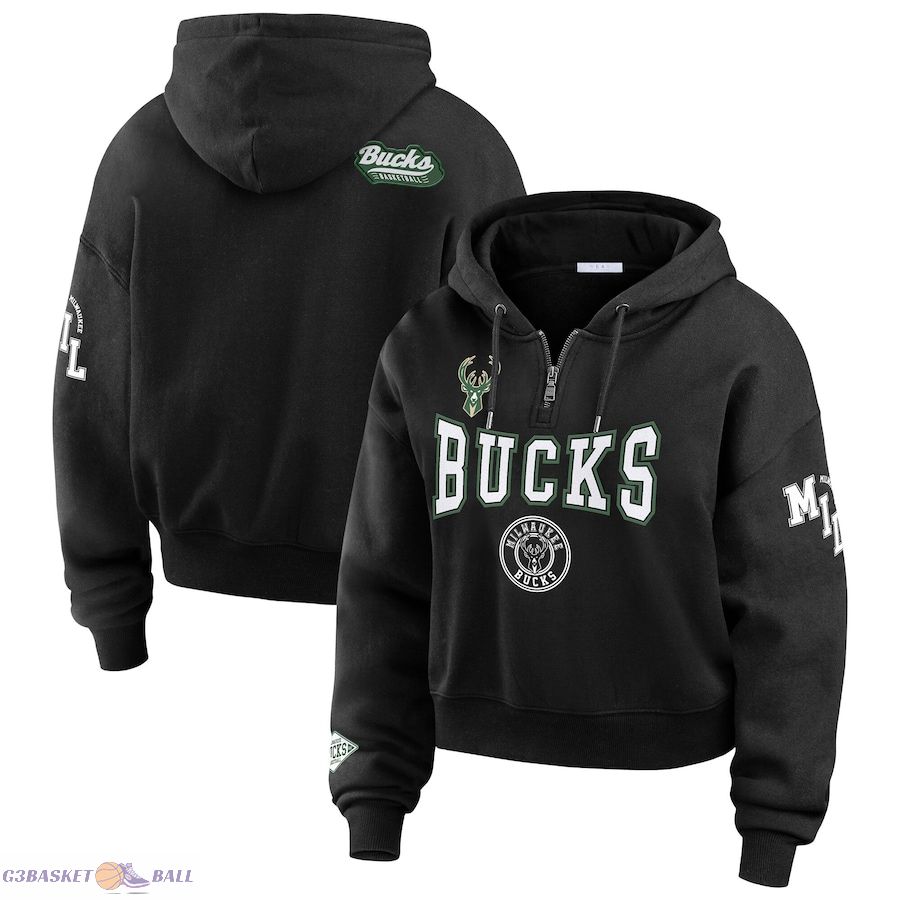 Women's Milwaukee Bucks WEAR by Erin Andrews Black Cropped Quarter-Zip Pullover Hoodie