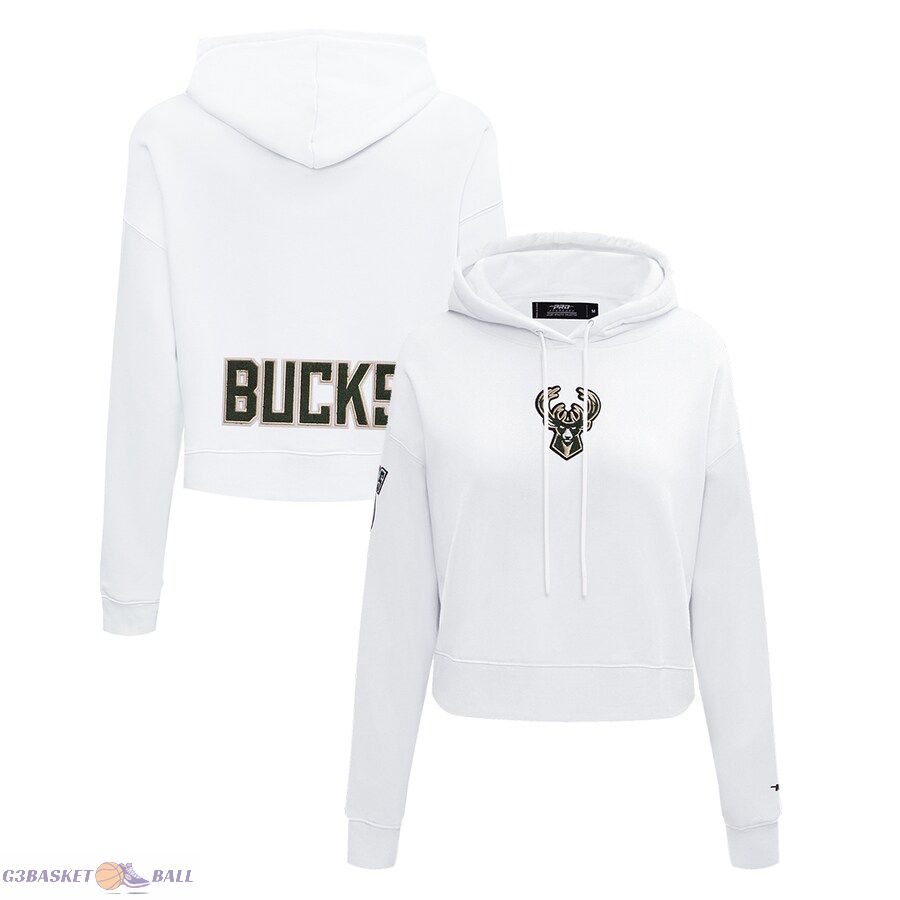 Women's Milwaukee Bucks Pro Standard White Classic FLC Cropped Pullover Hoodie