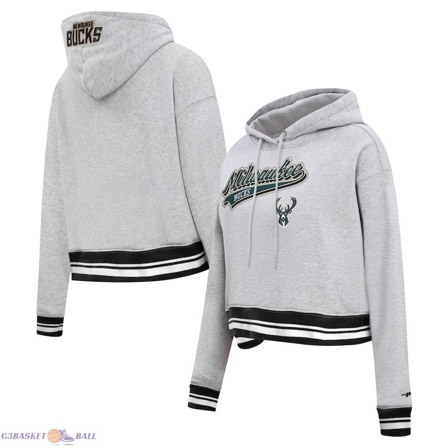 Women's Milwaukee Bucks Pro Standard Heather Gray Script Tail Cropped Pullover Hoodie