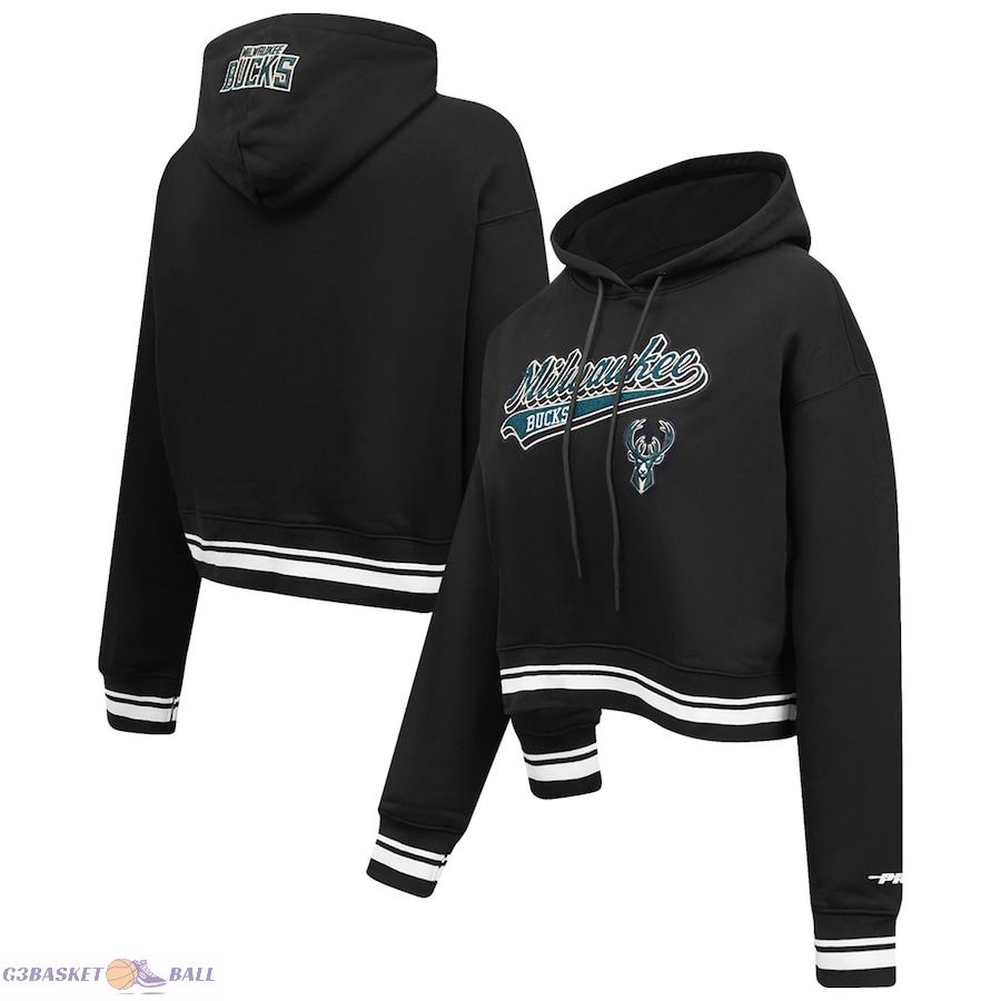 Women's Milwaukee Bucks Pro Standard Black Script Tail Cropped Pullover Hoodie