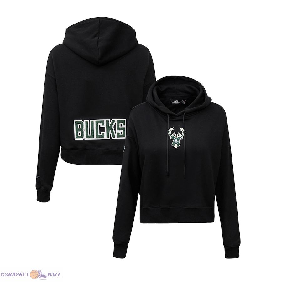 Women's Milwaukee Bucks Pro Standard Black Classic FLC Cropped Pullover Hoodie