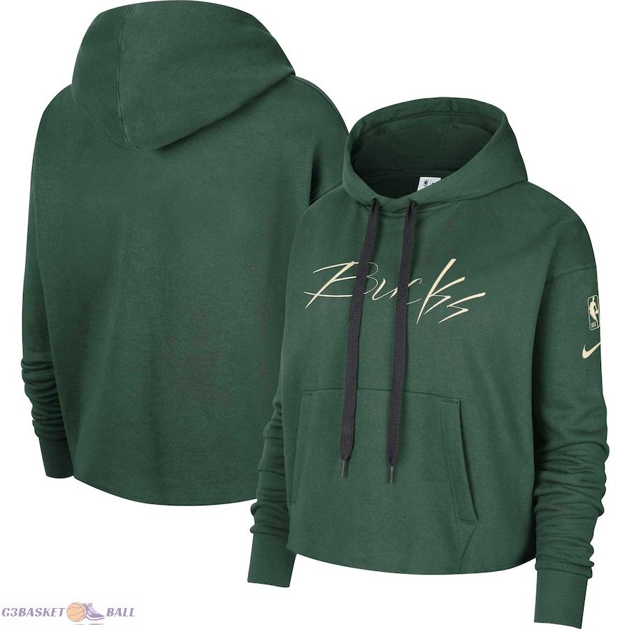 Women's Milwaukee Bucks Nike Hunter Green Split Flip Courtside Cropped Pullover Hoodie