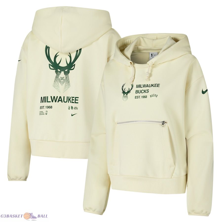 Women's Milwaukee Bucks Nike Cream Courtside Standard Issue Performance Pullover Hoodie