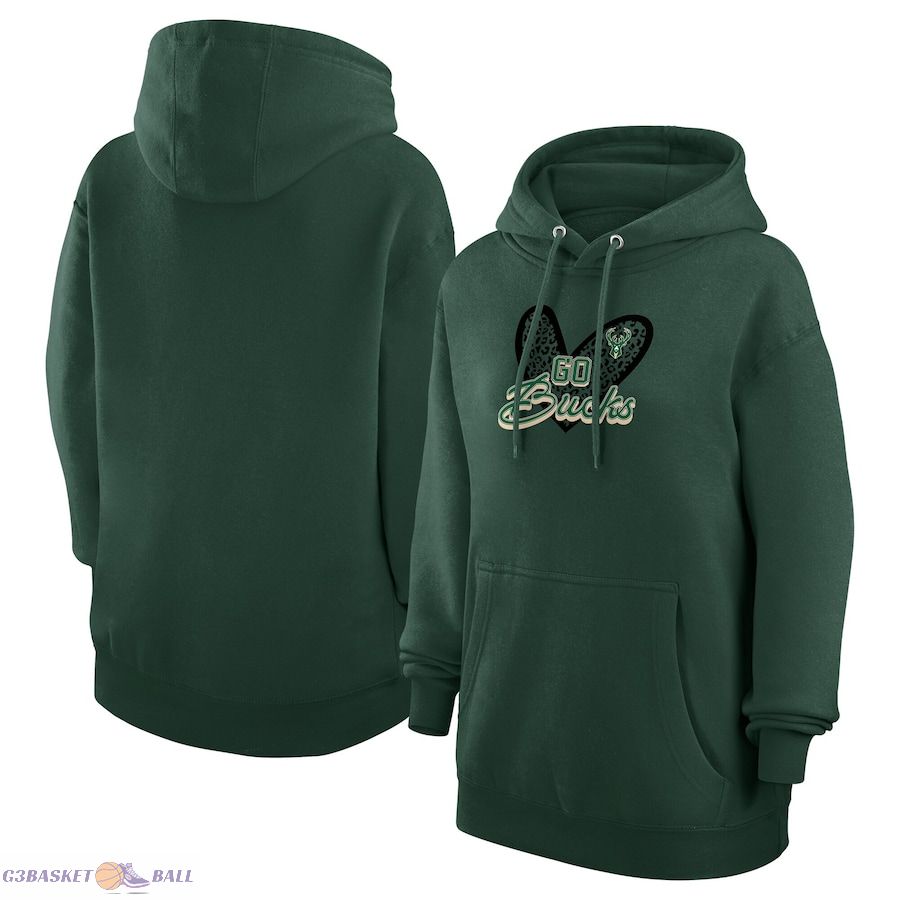 Women's Milwaukee Bucks G-III 4Her by Carl Banks Hunter Green Leopard Heart Graphic Fleece Pullover Hoodie