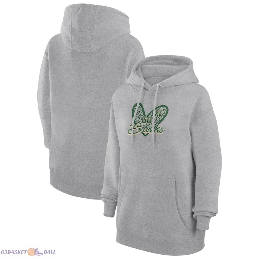 Women's Milwaukee Bucks G-III 4Her by Carl Banks Heather Gray Leopard Heart Graphic Fleece Pullover Hoodie