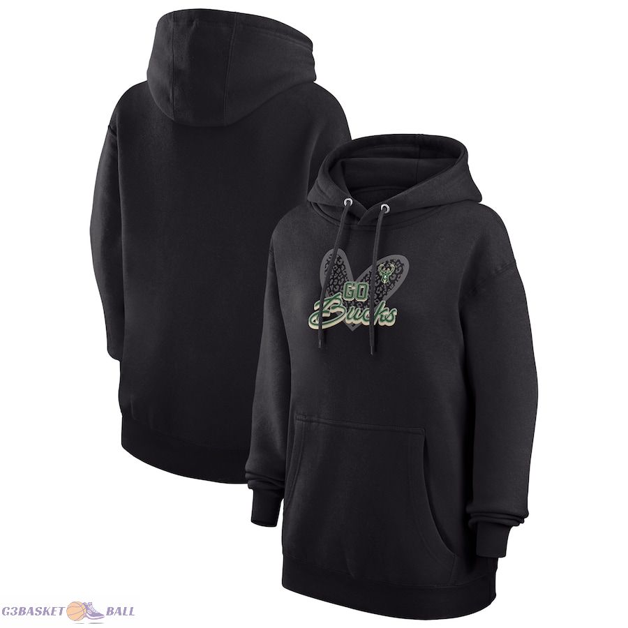 Women's Milwaukee Bucks G-III 4Her by Carl Banks Black Leopard Heart Graphic Fleece Pullover Hoodie