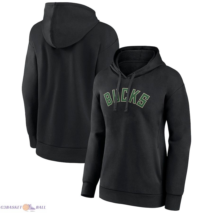 Women's Milwaukee Bucks Black Wordmark Alt Pullover Hoodie