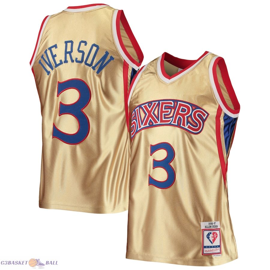 Men's Philadelphia 76ers Allen Iverson Gold Mitchell & Ness 75th Anniversary 1996/97 Hardwood Classics Swingman Jersey