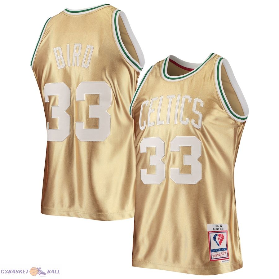 Men's Boston Celtics Larry Bird Gold Mitchell & Ness 75th Anniversary 1985/86 Hardwood Classics Swingman Jersey