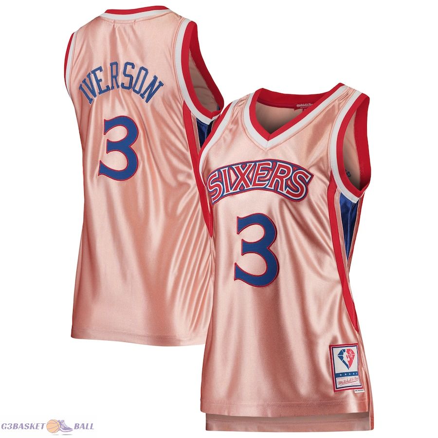 Women's Philadelphia 76ers Allen Iverson Mitchell & Ness Pink 75th Anniversary Rose Gold 1996 Swingman Jersey