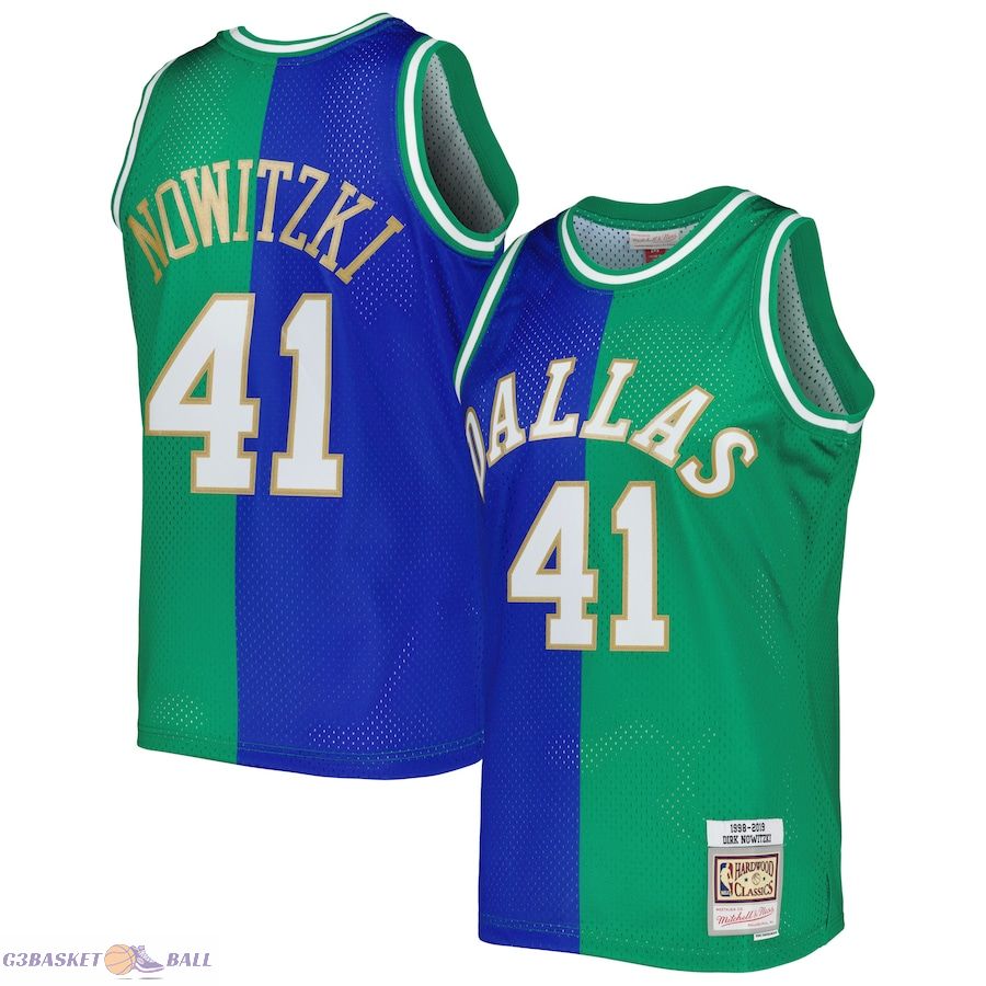 Men's Dallas Mavericks Dirk Nowitzki Mitchell & Ness Blue/Green Hardwood Classics 1998/2019 Split Swingman Jersey