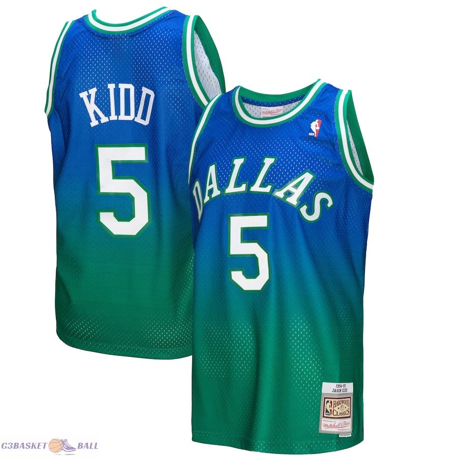 Men's Dallas Mavericks Jason Kidd Mitchell & Ness Green/Navy 1994/95 Hardwood Classics Fadeaway Swingman Player Jersey