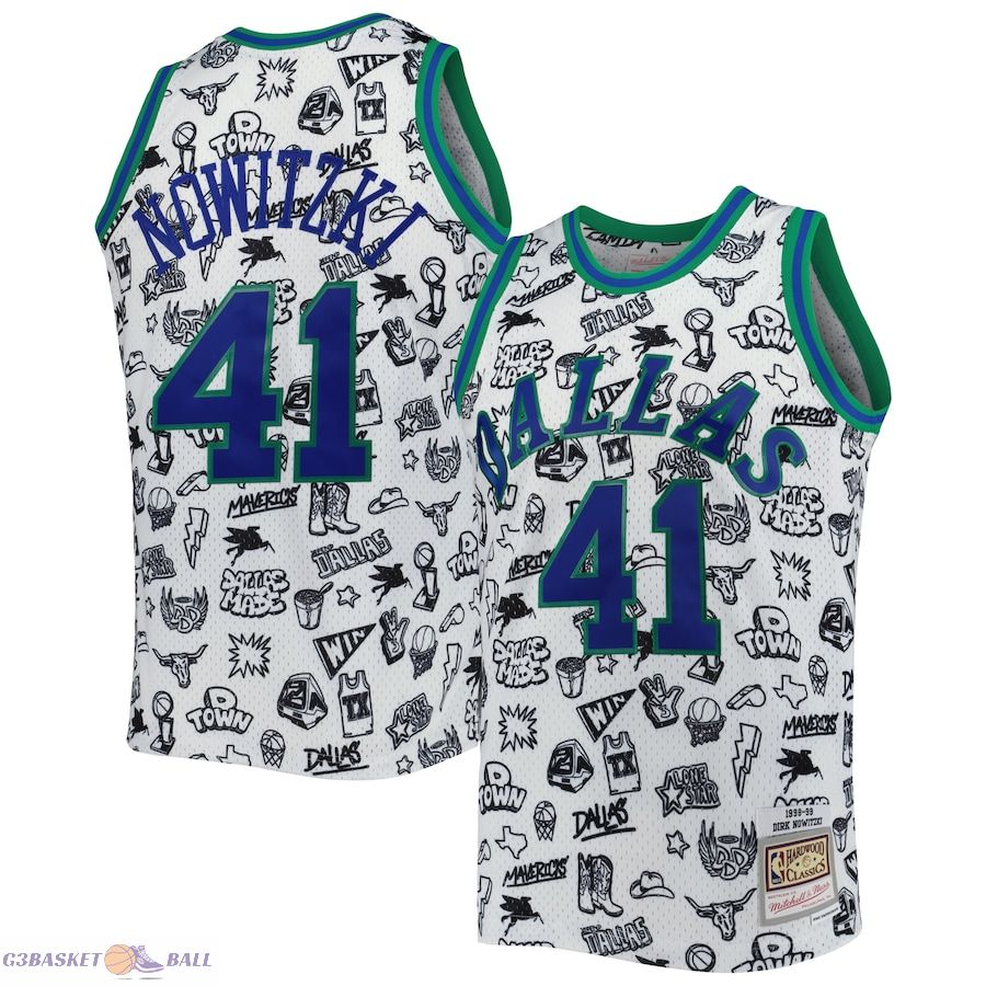 Men's Dallas Mavericks Dirk Nowitzki Mitchell & Ness White 1998/99 Hardwood Classics Doodle Swingman Jersey