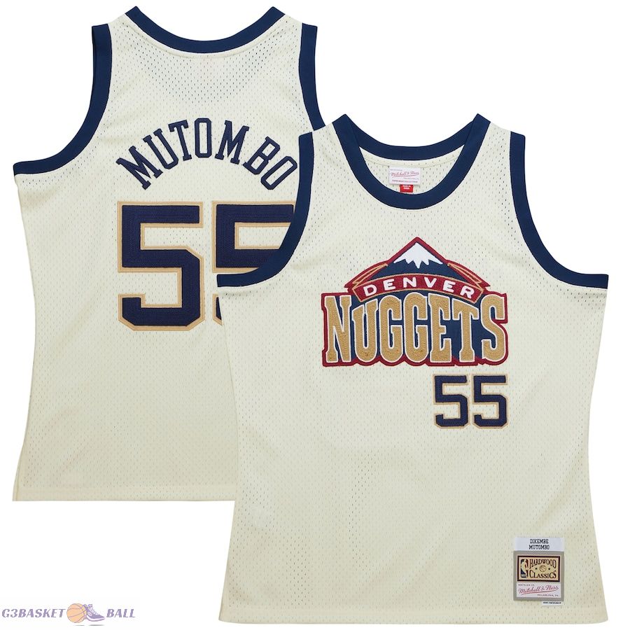 Men's Denver Nuggets Dikembe Mutombo Mitchell & Ness Cream Chainstitch Swingman Jersey