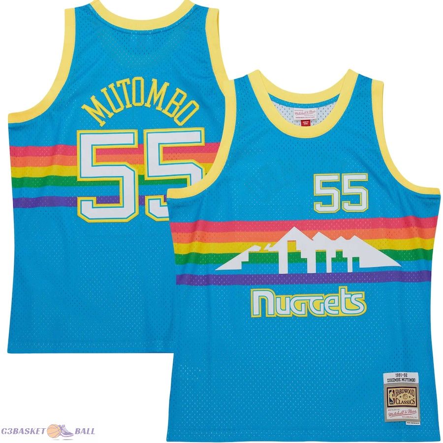 Men's Denver Nuggets Dikembe Mutombo Mitchell & Ness Blue Hardwood Classics 1991/92 Tropical Swingman Jersey