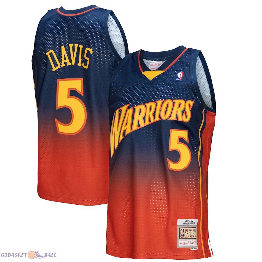 Men's Golden State Warriors Baron Davis Mitchell & Ness Navy/Orange 2006/07 Hardwood Classics Fadeaway Swingman Player Jersey